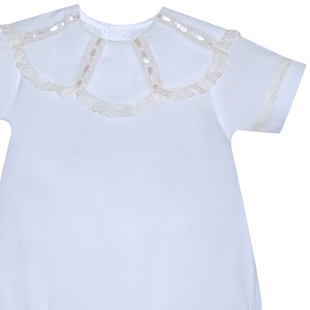 That Store Maxwell Heirloom white baby bubble with ecru lace trim and ribbon detailing on a spoke collar