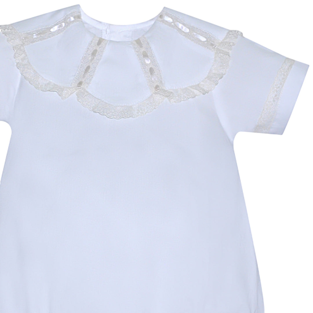 That Store Maxwell Heirloom white baby bubble with ecru lace trim and ribbon detailing on a spoke collar