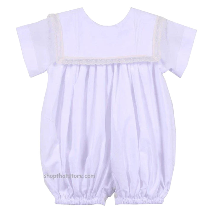 That Store white baby bubble with a square collar and delicate ecru lace trim, perfect for formal occasions.