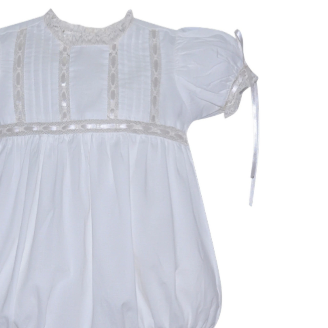 That Store Margaret heirloom white bubble with ecru lace trim, satin ribbon accents, and puff sleeves for girls.