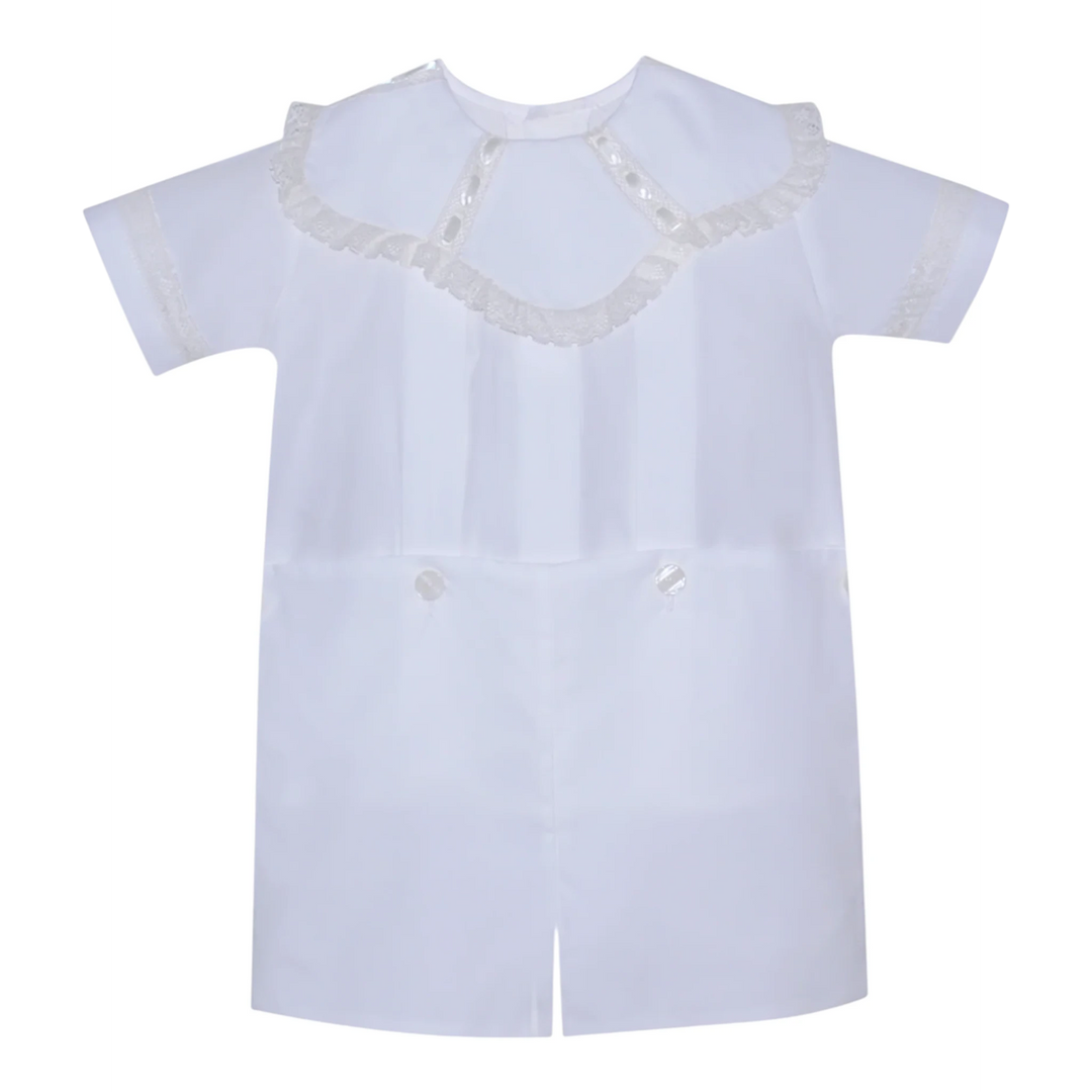 That Store white baby boy button-on outfit featuring a spoke collar with delicate ecru lace trim for special events.