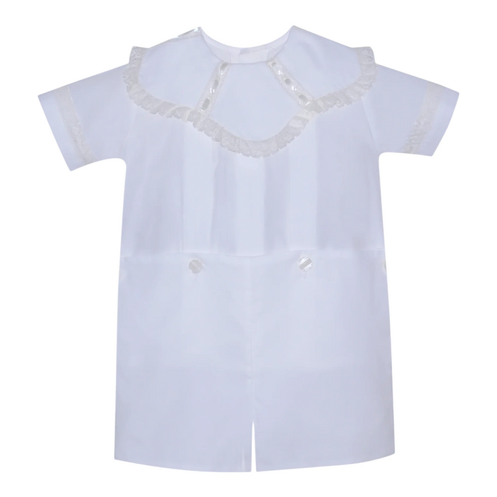 That Store white baby boy button-on outfit featuring a spoke collar with delicate ecru lace trim for special events.
