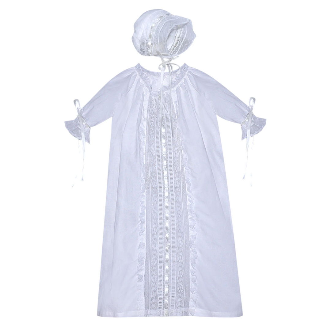 That Store Shiloh white cotton daygown for newborn girls featuring delicate lace trim, ribbon details, and a bonnet.