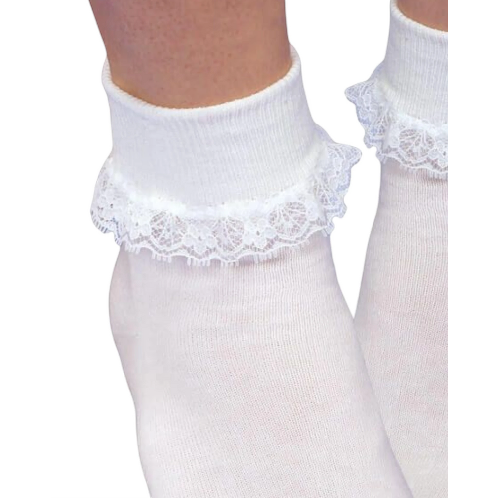 That Store white girls socks featuring a delicate floral lace turn cuff and smooth toe construction.