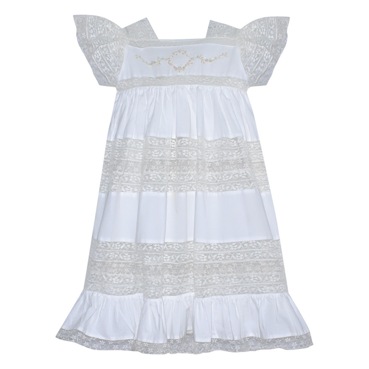 That Store Mary Frances white cotton heirloom dress featuring intricate lace panels and delicate floral embroidery.