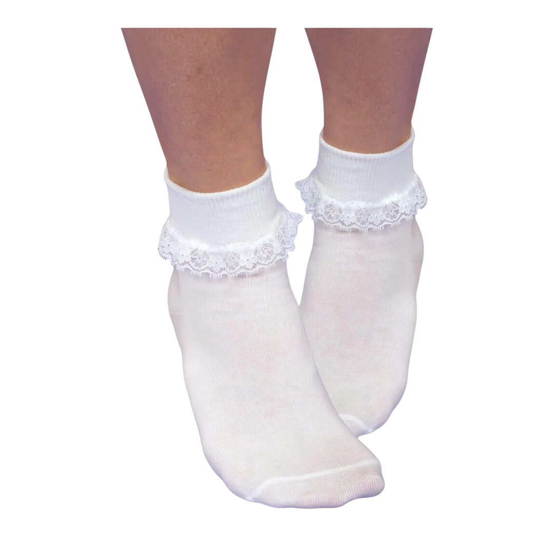 That Store white girls socks with delicate floral lace turn cuffs and smooth toe construction for a comfortable fit.