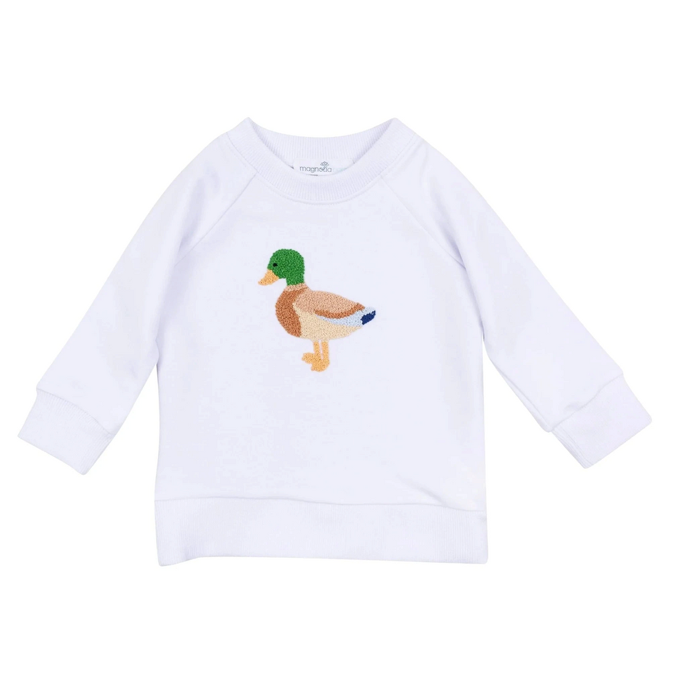 That Store white Pima cotton baby sweatshirt featuring a detailed hand-embroidered mallard duck appliqué.