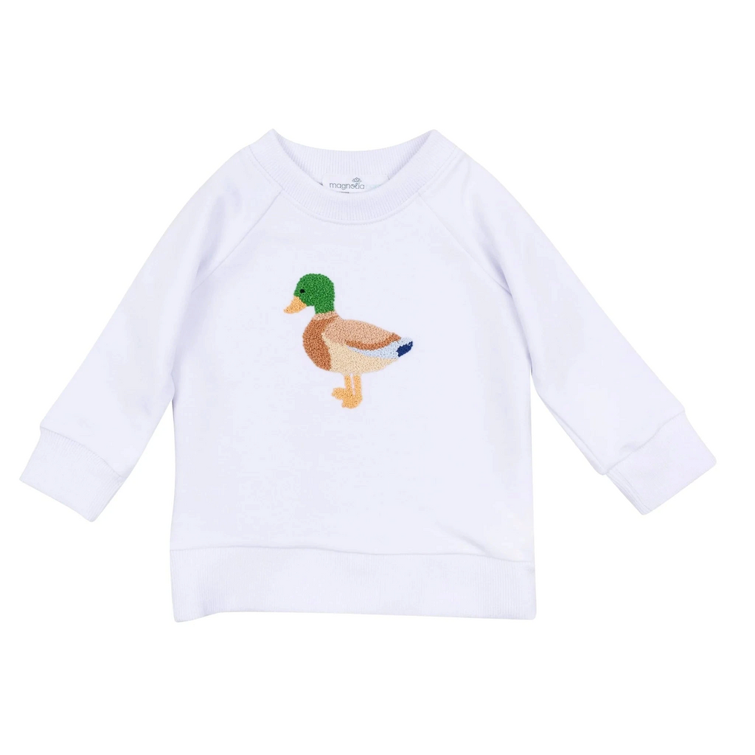 That Store white Pima cotton baby sweatshirt featuring a detailed hand-embroidered mallard duck appliqué.