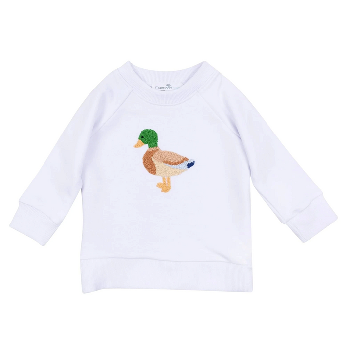 That Store white Pima cotton baby sweatshirt featuring a detailed hand-embroidered mallard duck appliqué.