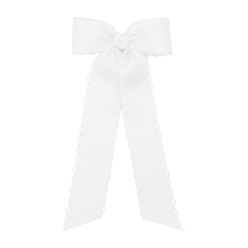 That Store white Moonstitch Streamers hair bow with long ribbon tails and a secure no-slip clip for girls.