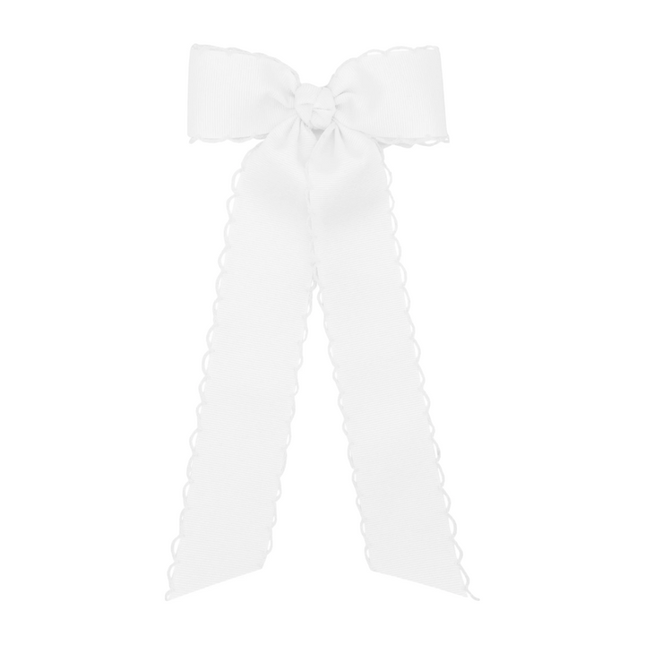 That Store white Moonstitch Streamers hair bow with long ribbon tails and a secure no-slip clip for girls.