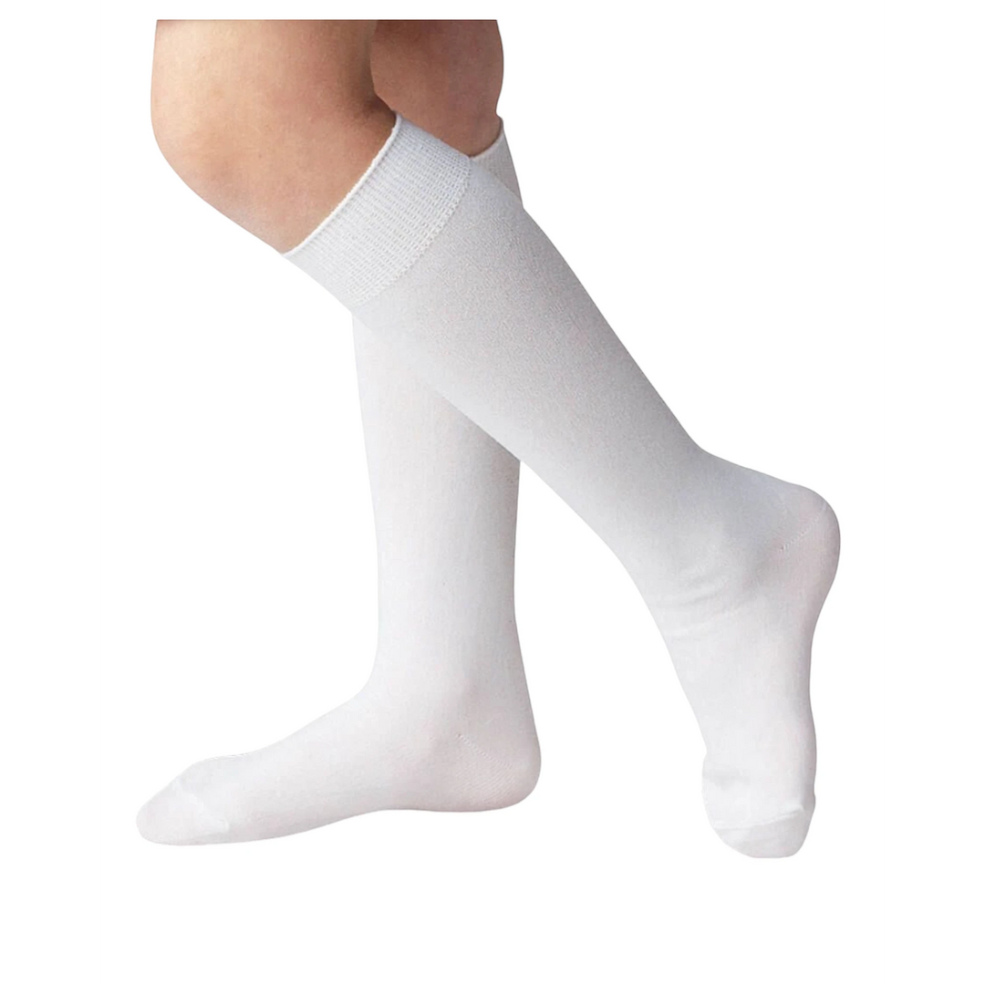 That Store unisex white nylon knee high socks with a ribbed stay-up top worn by a child