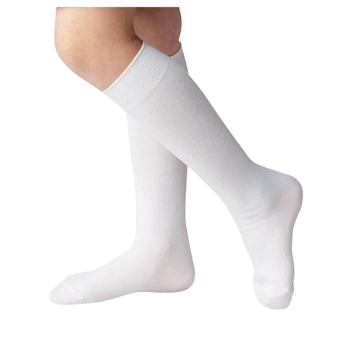 That Store unisex white nylon knee high socks with a ribbed stay-up top worn by a child