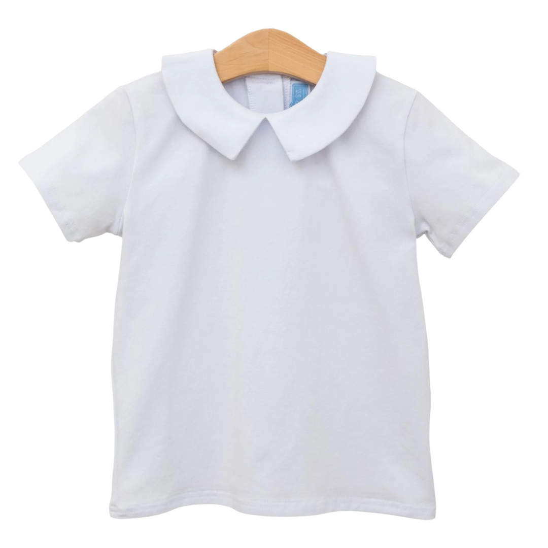 That Store white knit boys shirt with a classic Peter Pan collar, made from soft cotton and spandex blend.