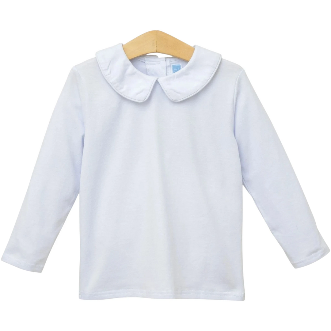 That Store white long-sleeve knit shirt for boys featuring a classic Peter Pan collar in a soft cotton blend.