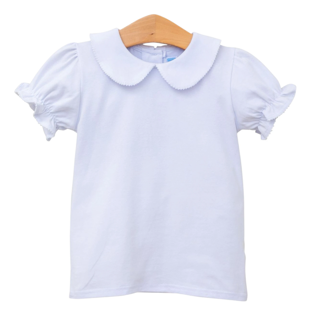 That Store white knit girls top featuring a classic Peter Pan collar and short ruffled sleeves.