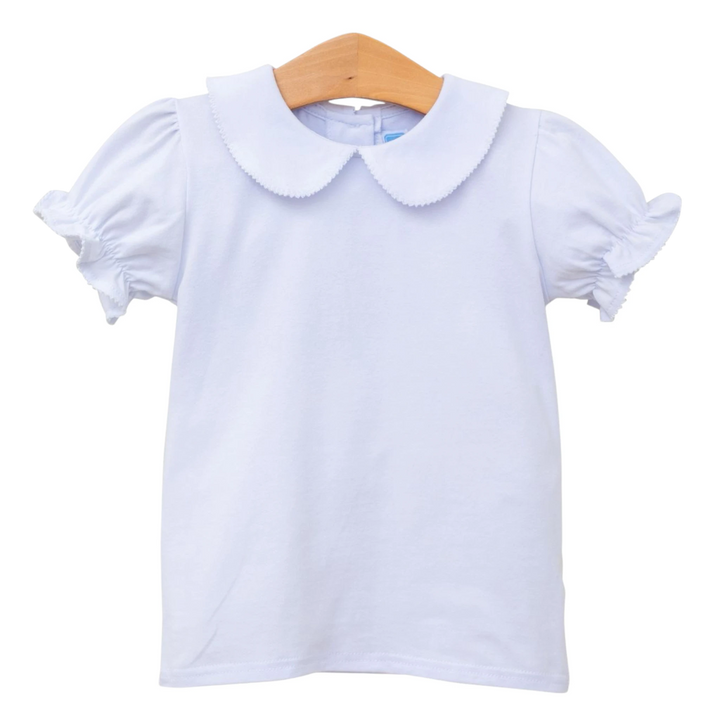 That Store white knit girls top featuring a classic Peter Pan collar and short ruffled sleeves.