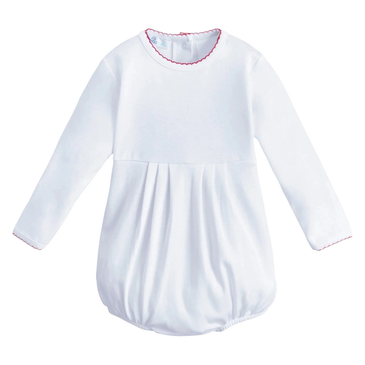 That Store white Pima cotton baby bubble with long sleeves, red piping trim, and a sweet collar.