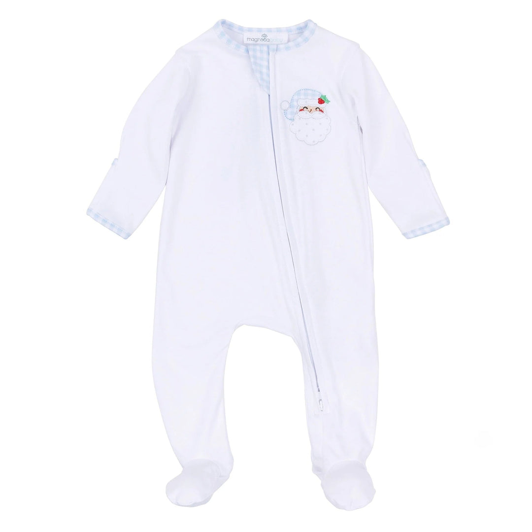 That Store white Pima cotton baby footie with Sweet St. Nick appliqué and light blue gingham trim and two-way zipper.
