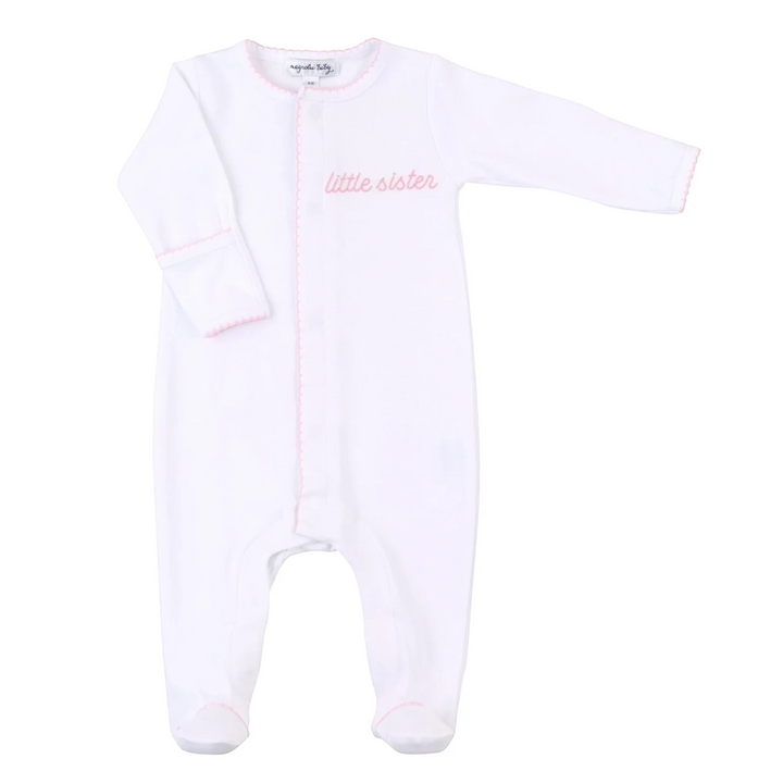 That Store white pima cotton baby footie with pink hand-embroidered Little Sister text and scalloped trim