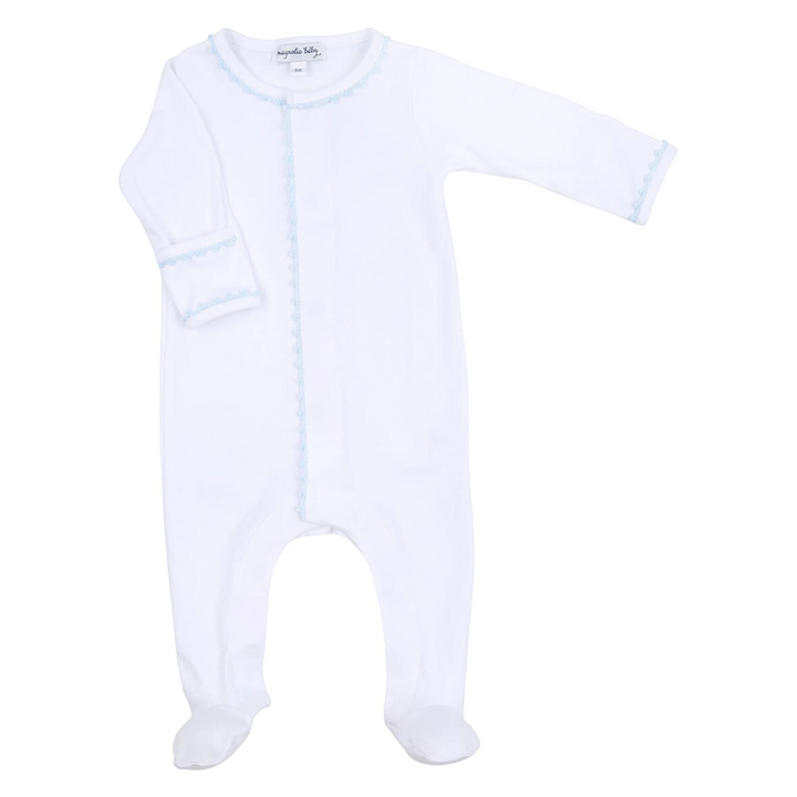 That Store white Pima cotton baby footie with delicate blue handmade crochet trim on the neckline, front, and cuffs.