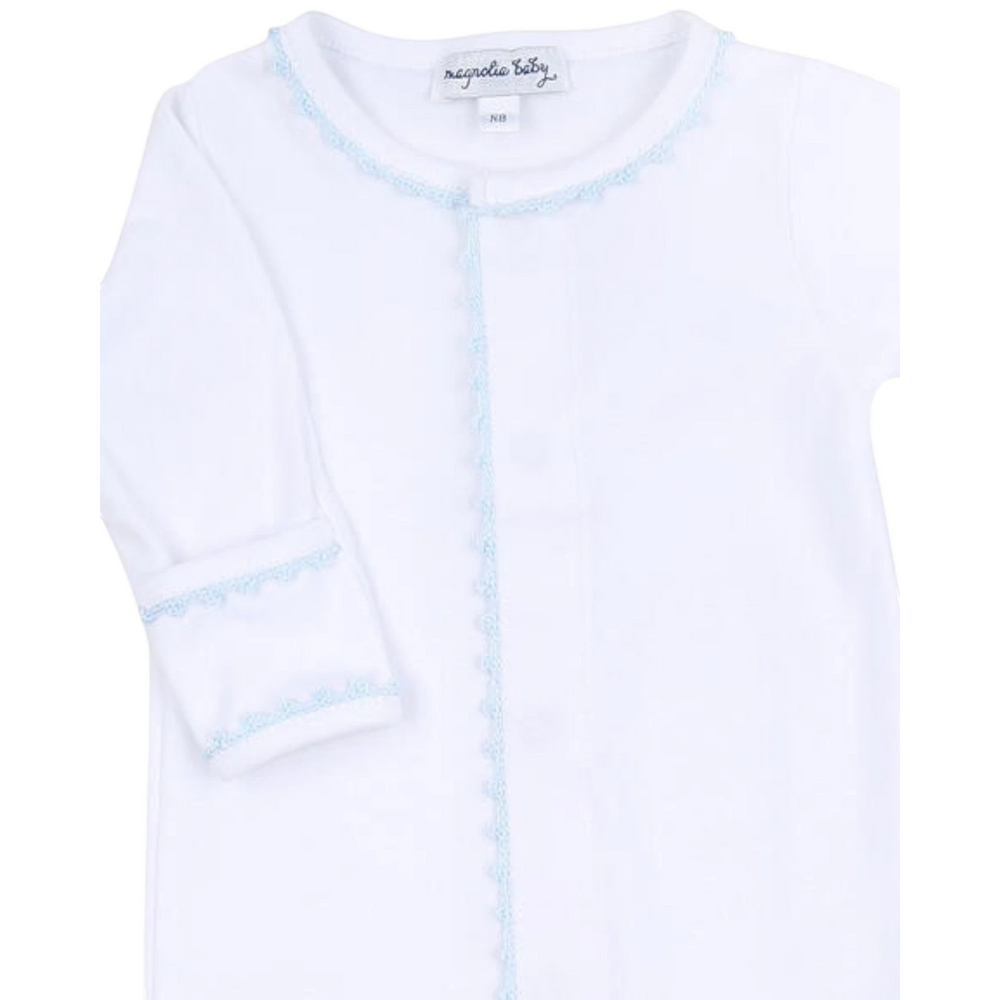 That Store white Pima cotton baby footie with delicate blue handmade crochet trim on the neckline and cuffs