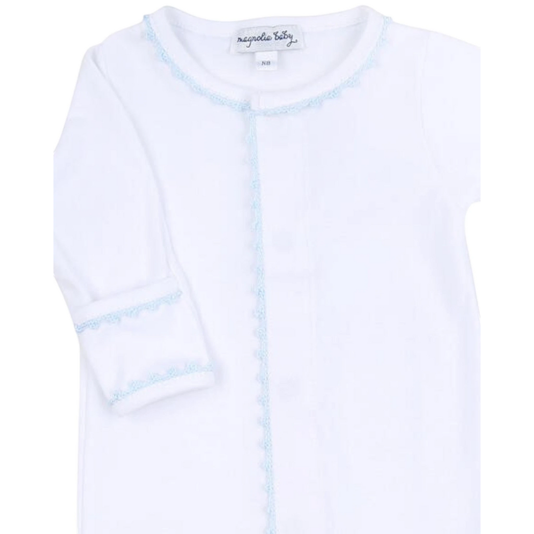 That Store white Pima cotton baby footie with delicate blue handmade crochet trim on the neckline and cuffs