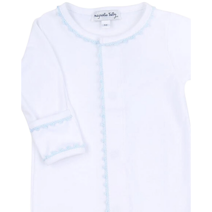 That Store white Pima cotton baby footie with delicate blue handmade crochet trim on the neckline and cuffs