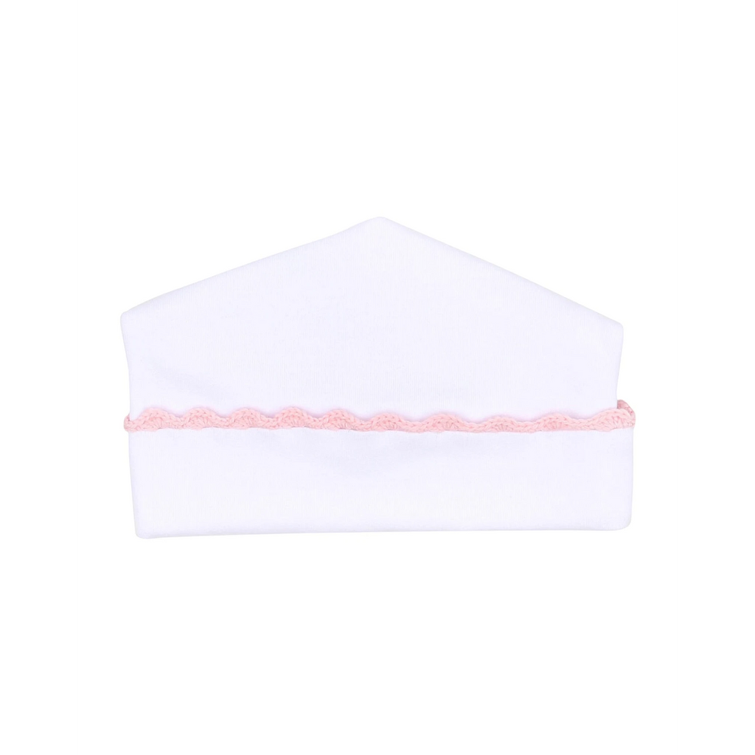 That Store white Pima cotton baby hat with delicate pink handmade crochet trim around the brim