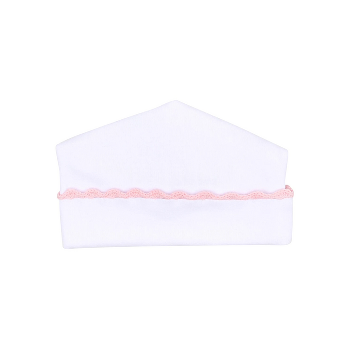 That Store white Pima cotton baby hat with delicate pink handmade crochet trim around the brim
