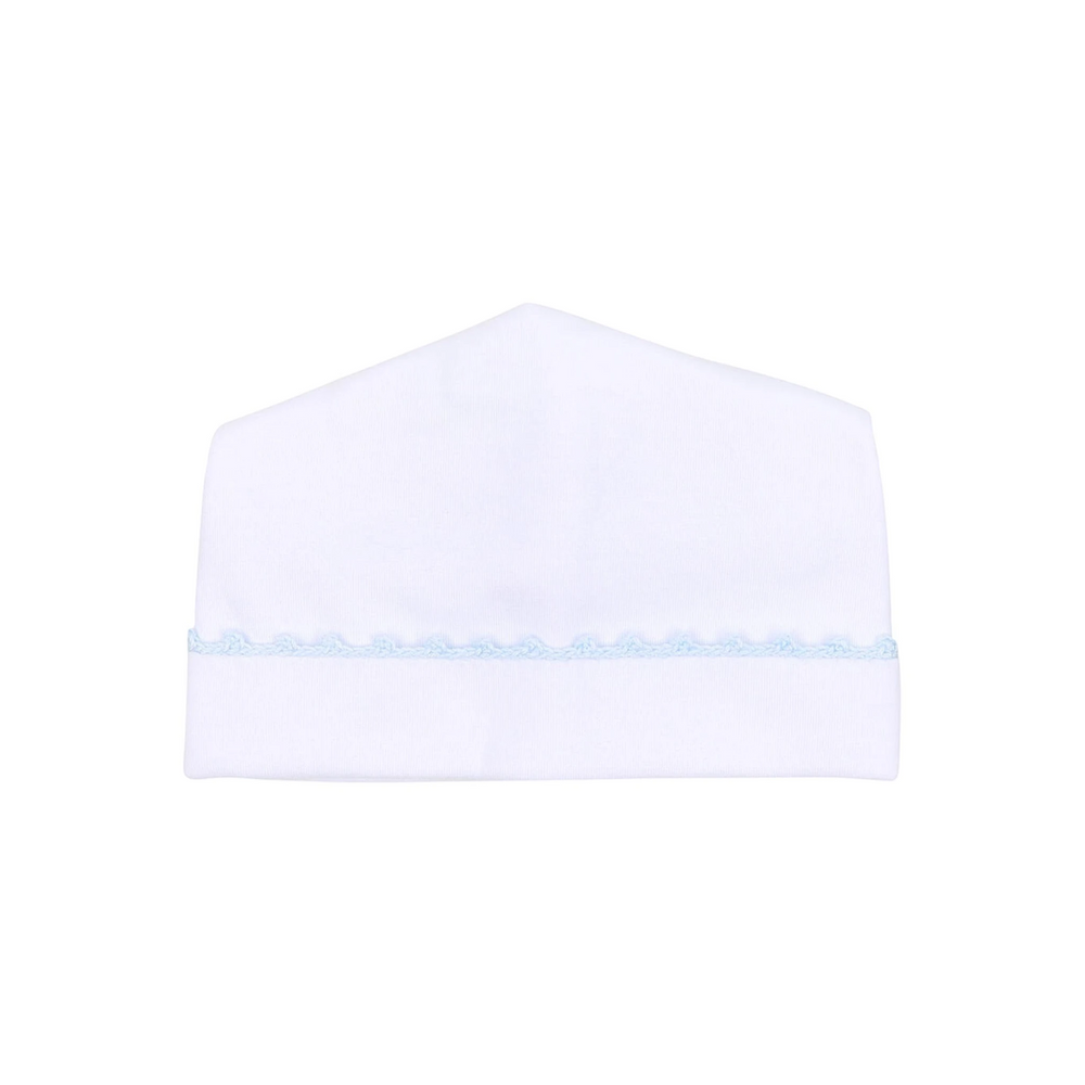 That Store white Pima cotton baby hat featuring delicate blue handmade crochet trim on the brim.