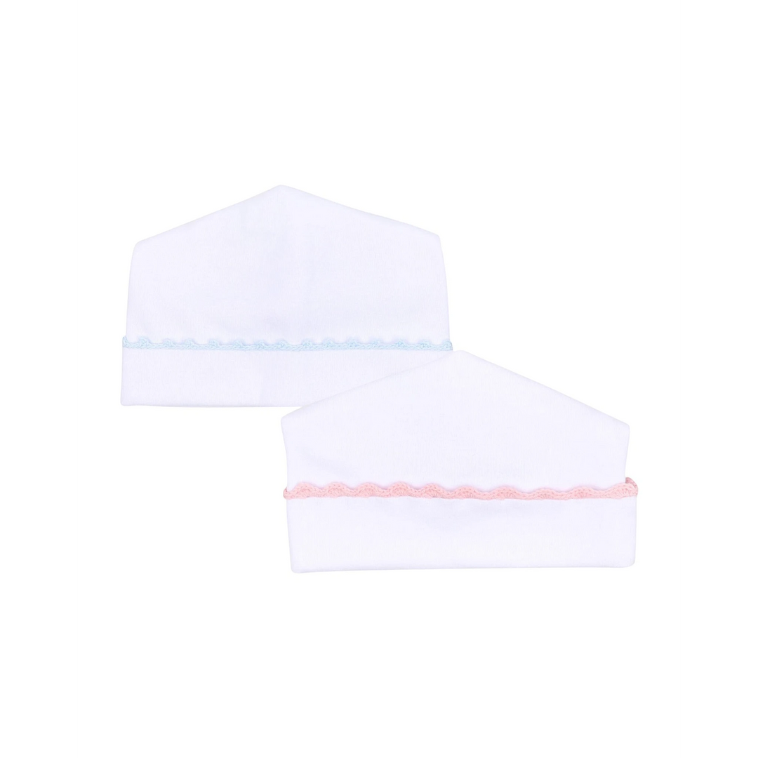That Store Magnolia Baby white Pima cotton hats with blue and pink handmade crochet trim for infants