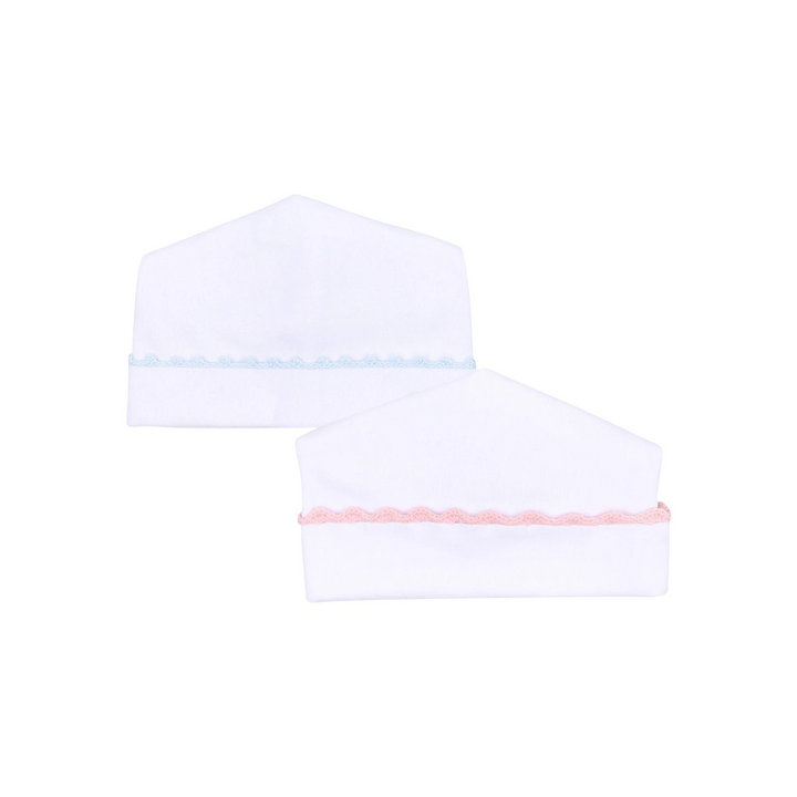 That Store Magnolia Baby white Pima cotton hats with blue and pink handmade crochet trim for infants
