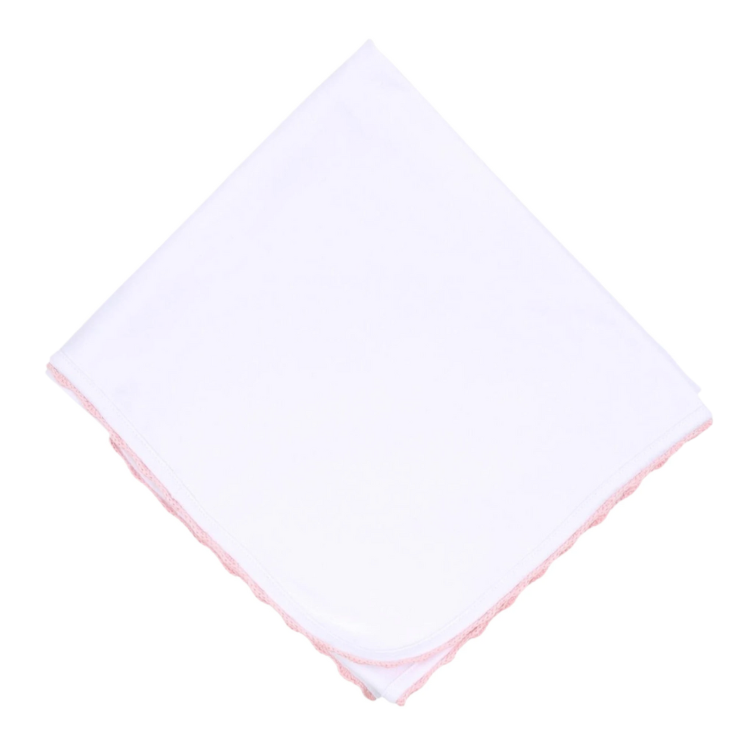 That Store white Pima cotton baby receiving blanket with delicate pink crochet trim edges for swaddling and cuddling.