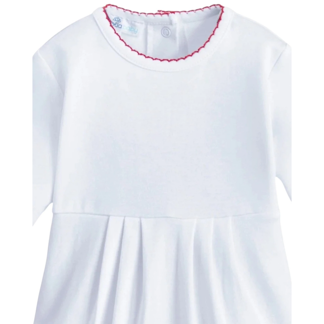 That Store Magnolia Baby white long sleeve bubble in soft Pima cotton with delicate red piping detail on the collar