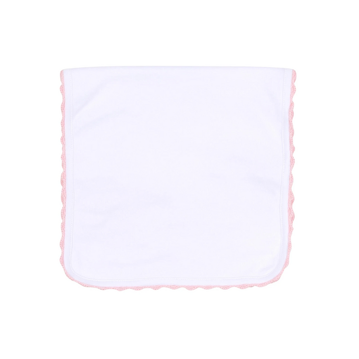 That Store Magnolia Baby white Pima cotton burp cloth with delicate pink handmade scalloped crochet trim