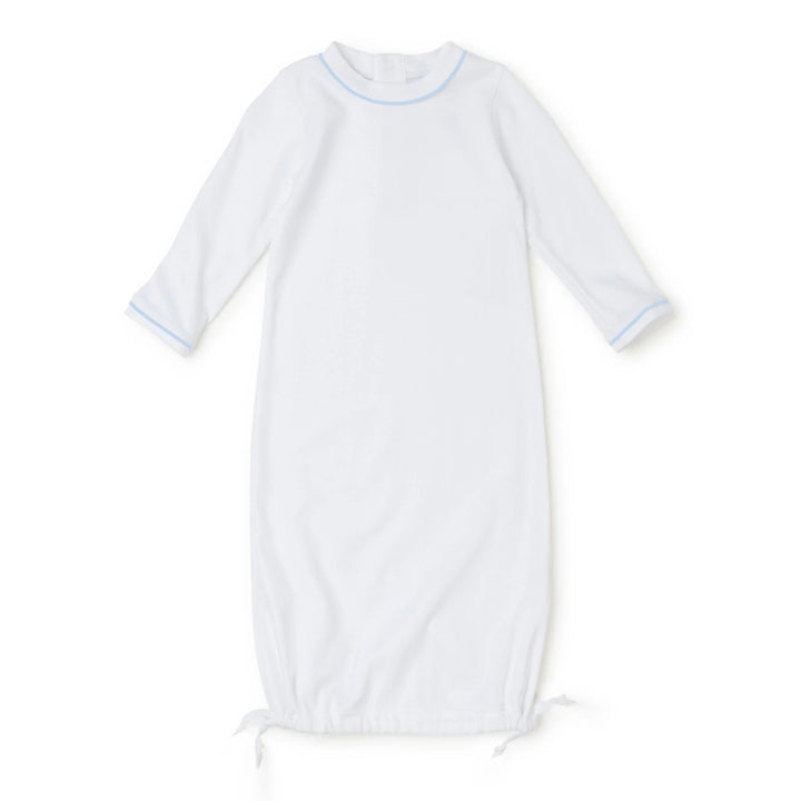 That Store white Pima cotton newborn daygown with light blue piping, snap-back closure, and drawstring hem.