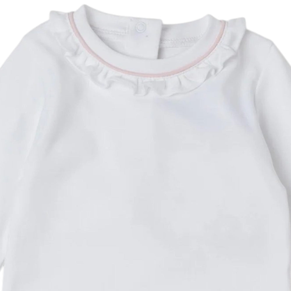 That Store white Pima cotton baby daygown with light pink piping, ruffled collar, and back snap closure.