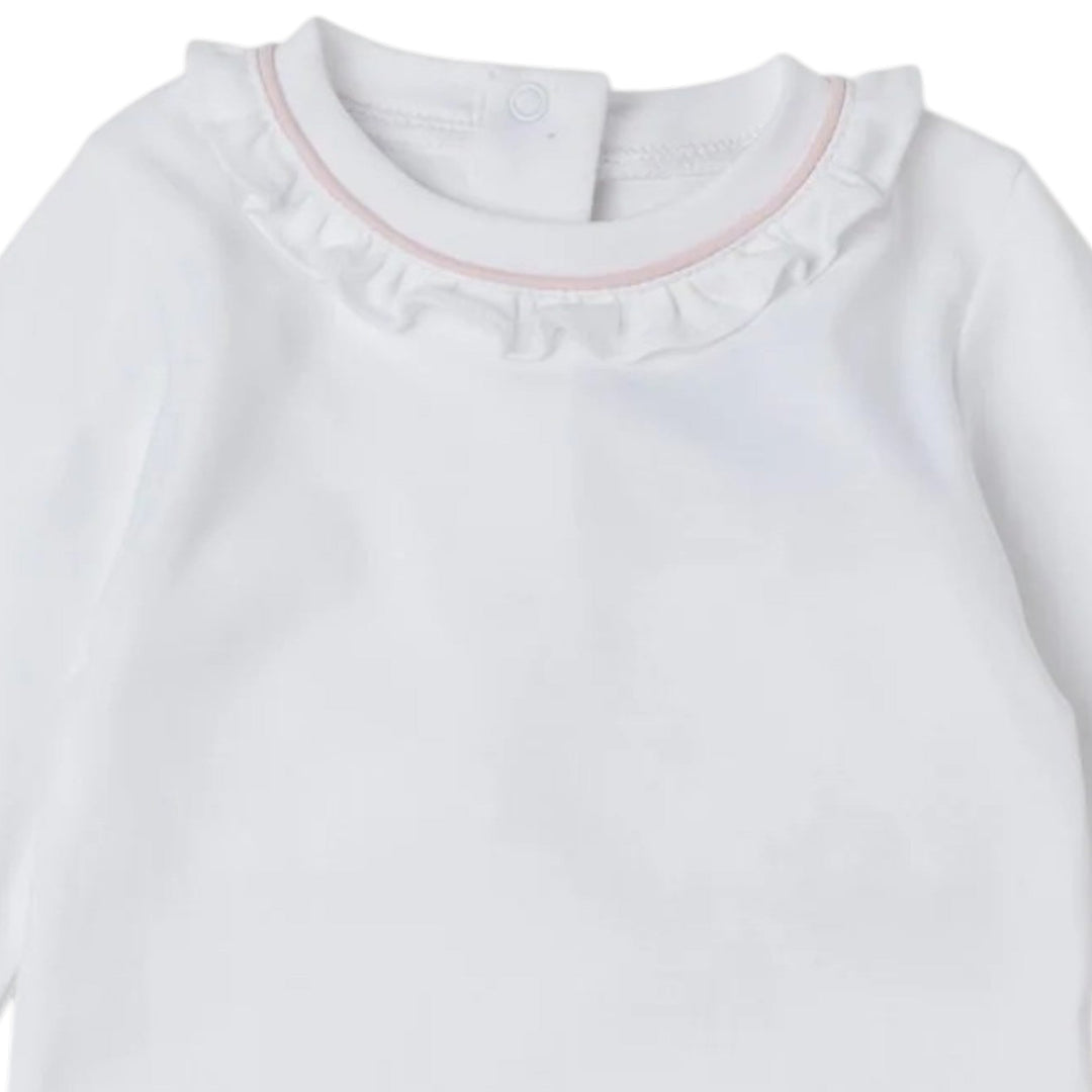 That Store white Pima cotton baby daygown with light pink piping, ruffled collar, and back snap closure.