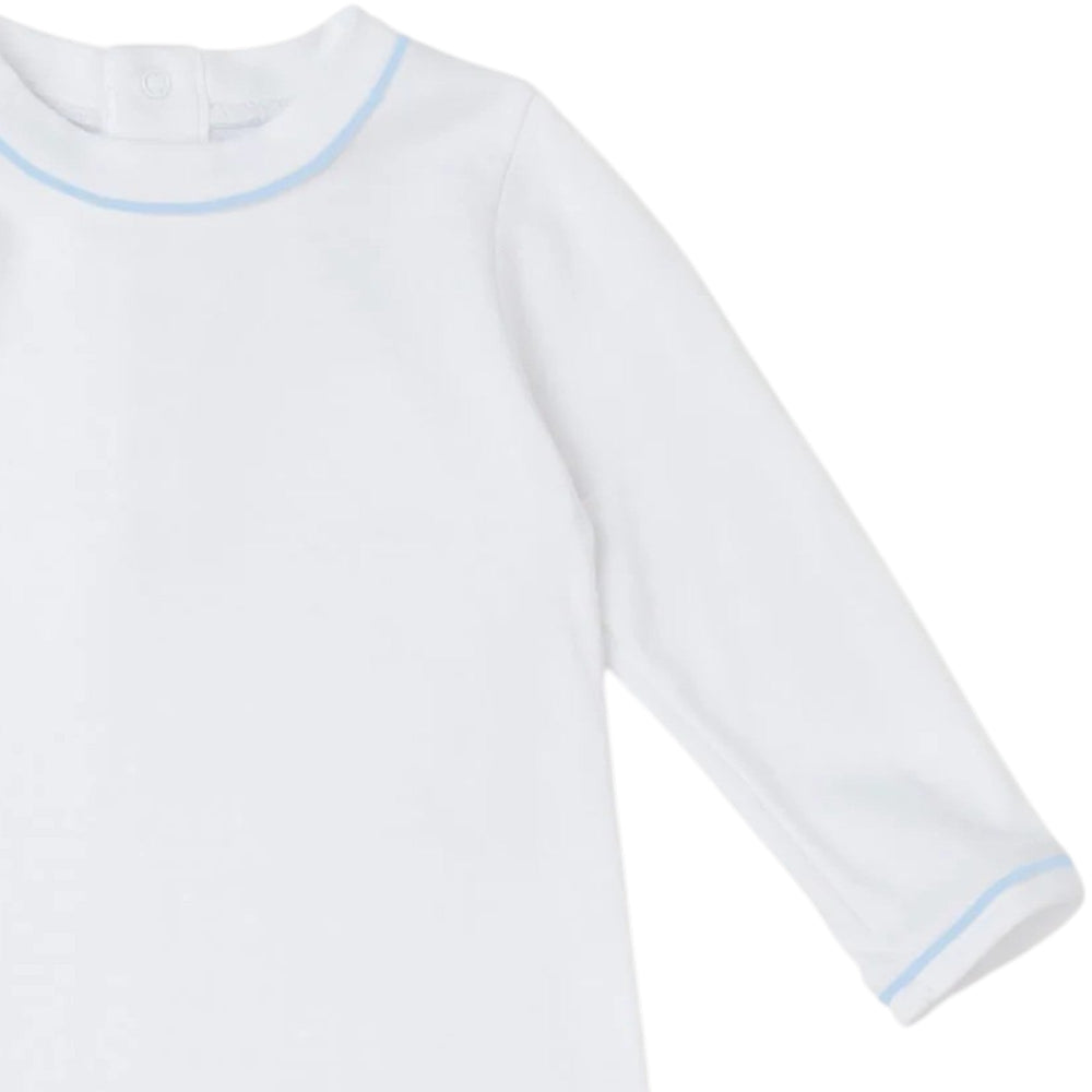 That Store white Pima cotton baby daygown with light blue piping on the neckline and long sleeves