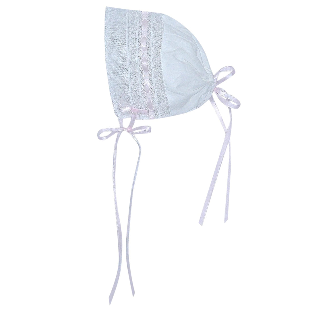 That Store white baby bonnet with delicate pink ribbon accents and intricate lace trim for a vintage heirloom look.