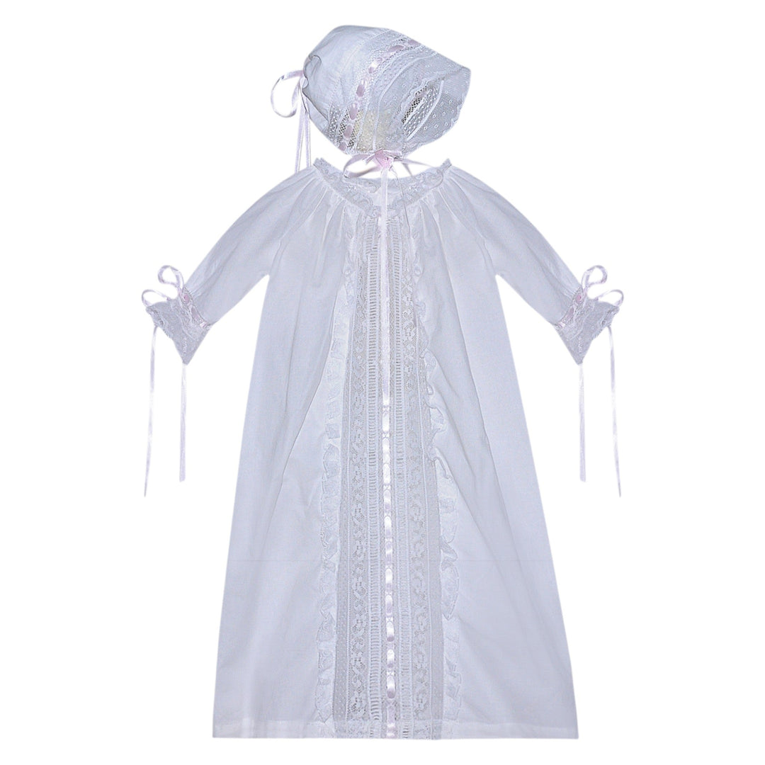 That Store white baby daygown with pink ribbon accents, lace trim, and matching bonnet for heirloom style.