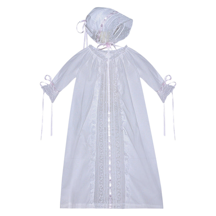That Store white baby daygown with pink ribbon accents, lace trim, and matching bonnet for heirloom style.
