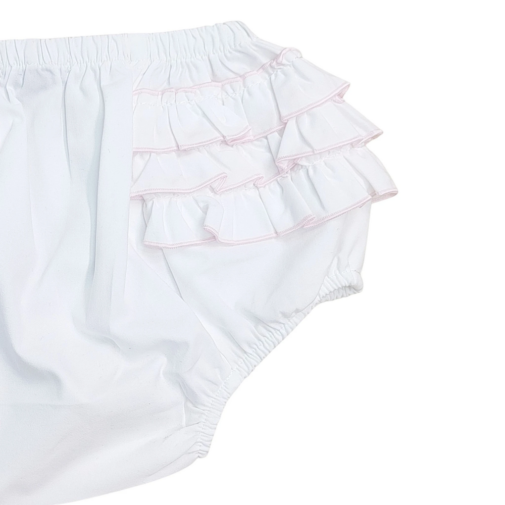 That Store white baby bloomers with delicate pink ruffled trim made from a soft cotton-polyester blend.
