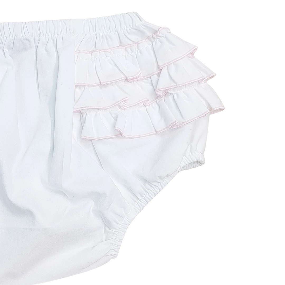 That Store white baby bloomers with delicate pink ruffled trim made from a soft cotton-polyester blend.
