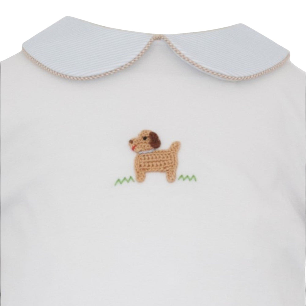 That Store white cotton baby shirt with a peter pan collar and a small crocheted puppy embroidery detail.