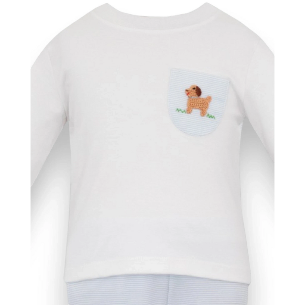 That Store white long-sleeve shirt with a blue striped pocket featuring a cute crocheted puppy detail for boys