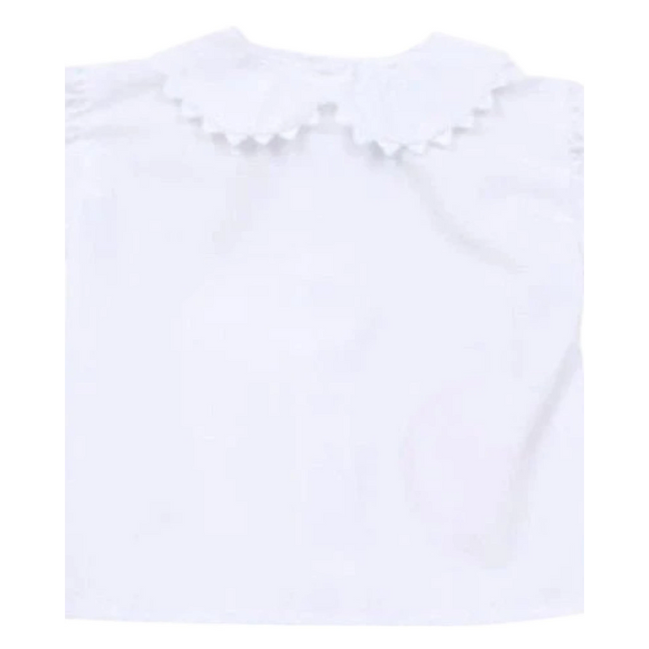 That Store Funtasia Too white short sleeve blouse featuring a scalloped Peter Pan collar with delicate ric rac trim.