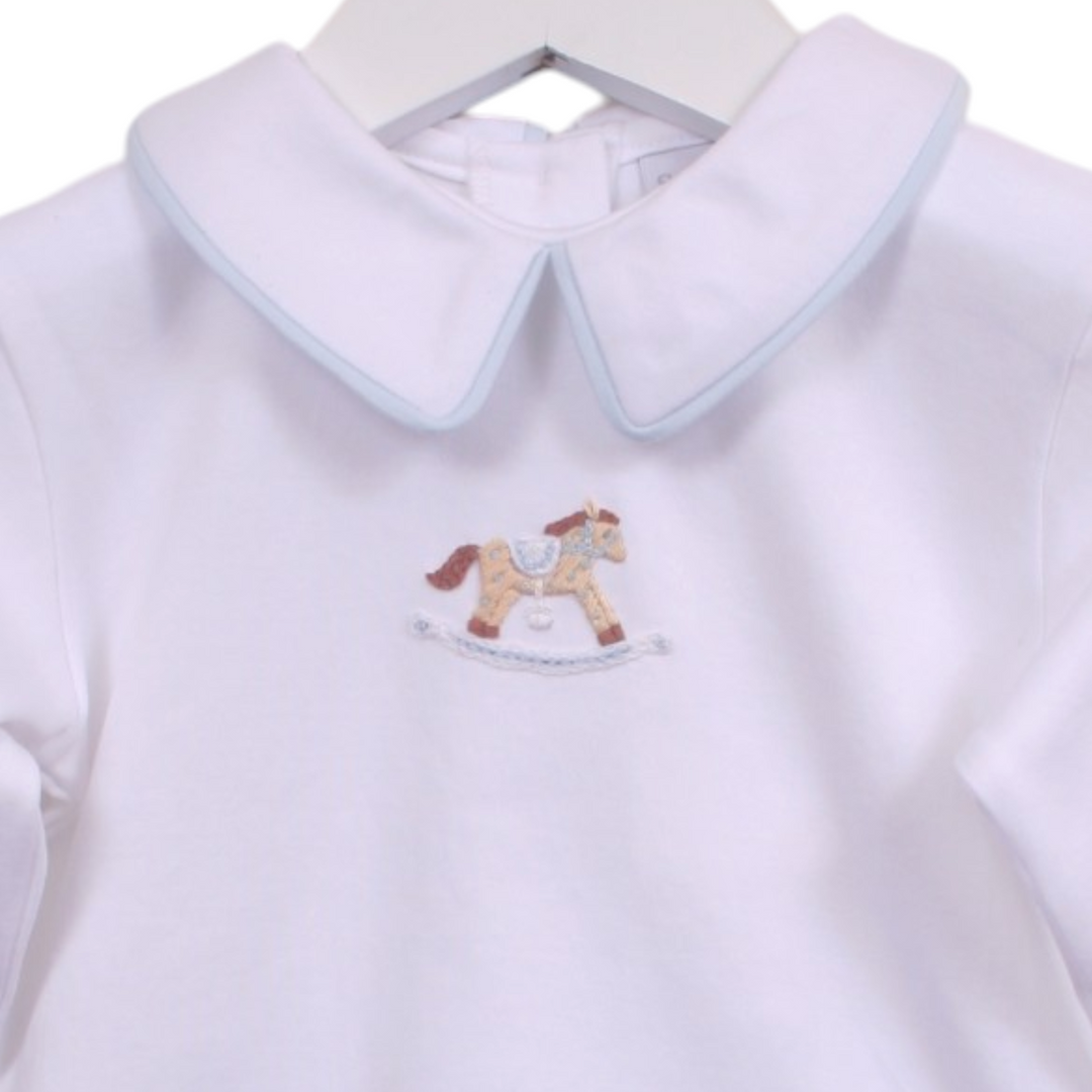 That Store boys white Pima cotton long sleeve top with a vintage rocking horse embroidery and blue piped Peter Pan collar