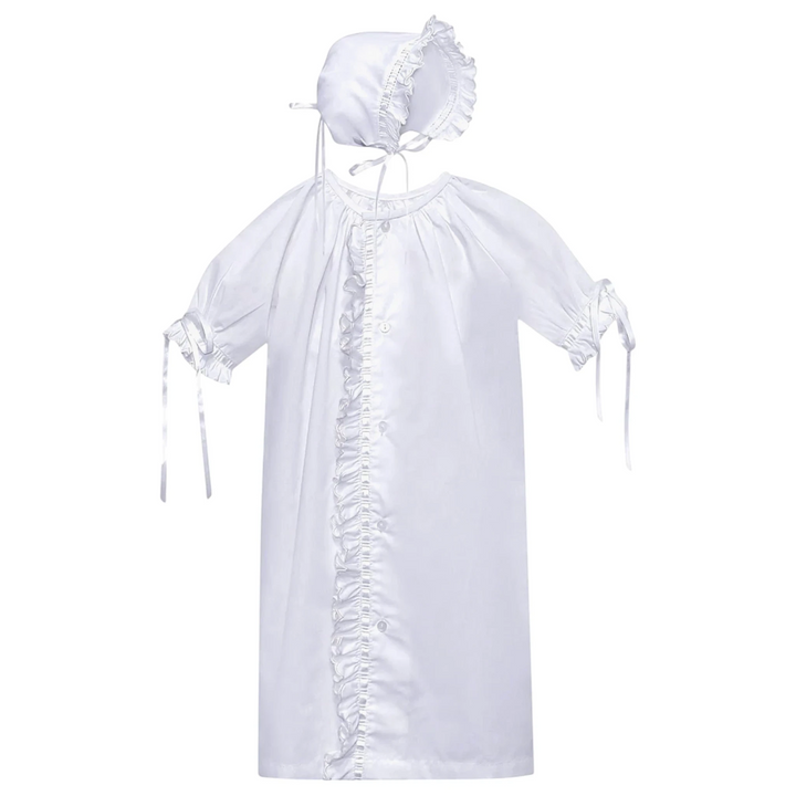 That Store white newborn daygown with scallop ruffle detail, ribbon trim, and matching bonnet for baby girls.